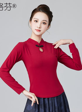 广场舞民族风古典舞长袖修身盘扣上衣女表演服春秋跳舞上衣T恤女