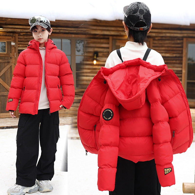儿童羽绒棉服黑金短款外套中大童加厚棉衣防水男孩冬装面包服红色