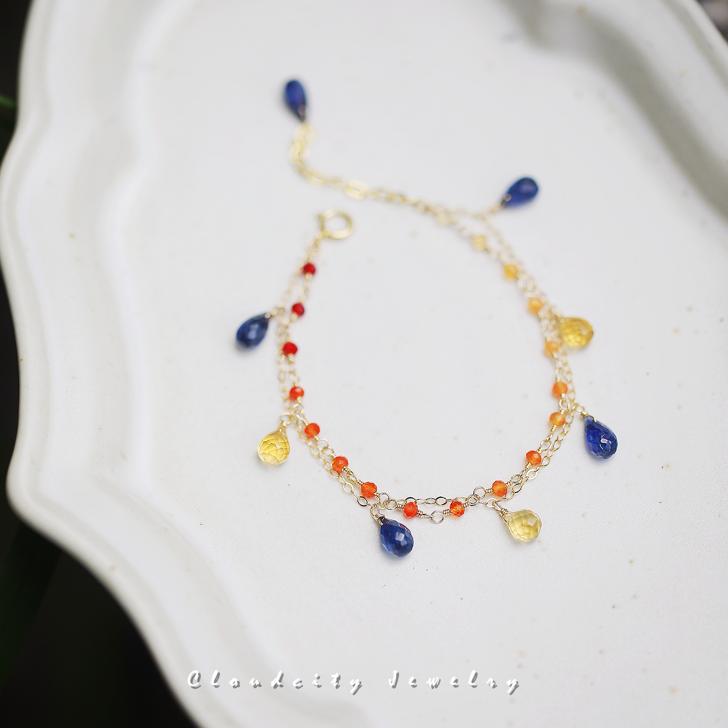 复归 金鱼花火 原创设计精致浪漫女蓝晶石火欧珀14K注金手作手链