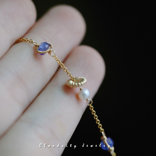 Cloudcity原创设计精致简约气质女坦桑石珍珠14K注金手工手链包邮