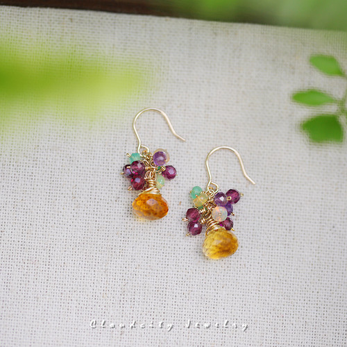 Cloudcity夕空 原创设计复古色调浓黄水晶石榴石14K注金手作耳环