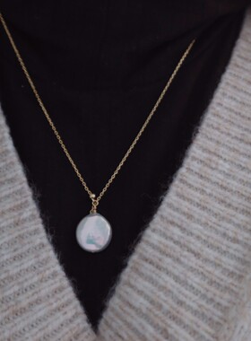 Cloudcity精致复古气质女人白纽扣珍珠吊坠可调节925银镀金项链