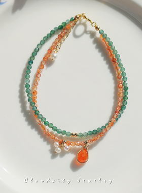 金莓Cloudcity原创设计精致翡翠金太阳石14K注金双层设计手作手链