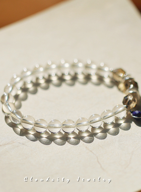 白茶Cloudcity原创设计精致纯净茶晶白水晶925荷叶隔片银手作手链