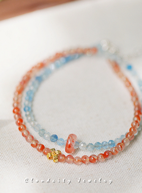 Cloudcity原创设计简约文艺休闲海蓝宝冰飘南红玛瑙925银双圈手链