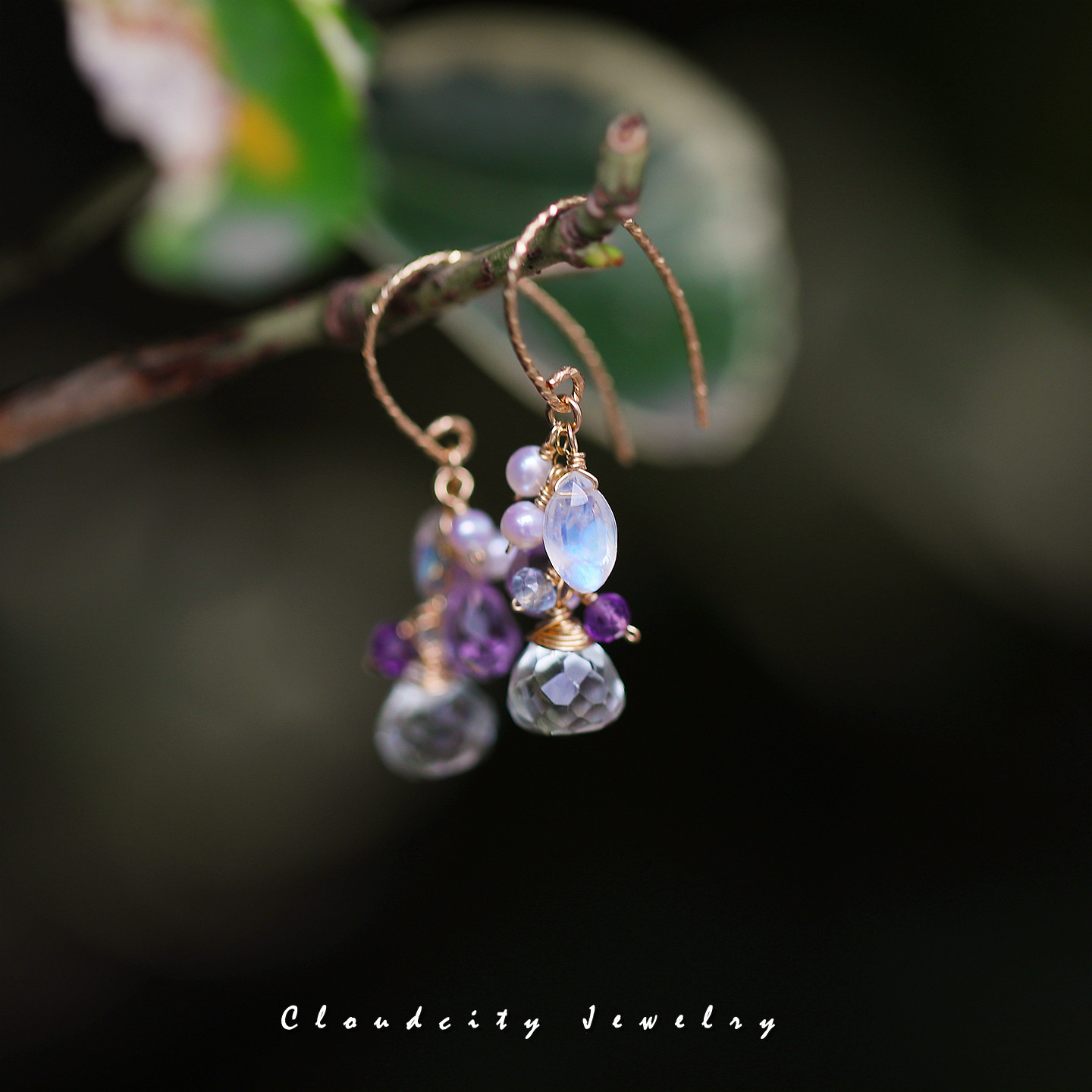 溪夜Cloudcity原创晶石设计清透灵动绿紫晶月光石14K注金手作耳环