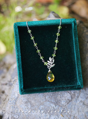 Cloudcity柠檬草原创设计浓郁柠檬晶橄榄石文艺树枝925银手作项链