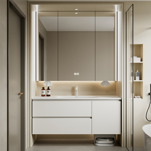 白色通顶加高镜柜浴室柜组合陶瓷一体盆扫地机器人卫生间洗手盆