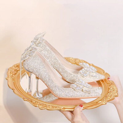 绝美水晶婚鞋女秀禾婚纱两穿法式高跟鞋日常可穿高级感细跟新娘鞋