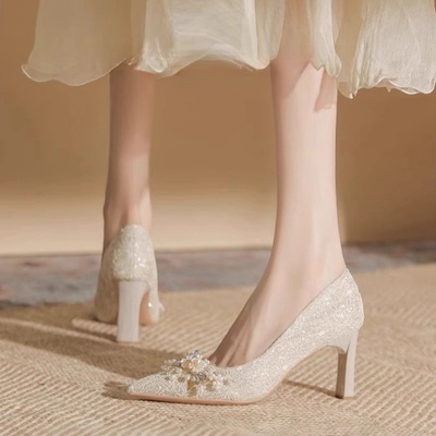 粗跟香槟色秀禾婚纱两穿婚鞋百搭