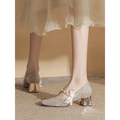 方头粗跟婚鞋女法式主婚纱秀禾两穿新娘鞋日常可穿礼服宴会高跟鞋