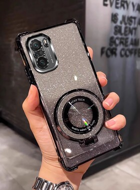 四角防摔带磁吸支架适用于适用小米Pocof3手机壳miuiPoc0f3全包个性潮软简约女网红男新款外壳透明电镀保护套