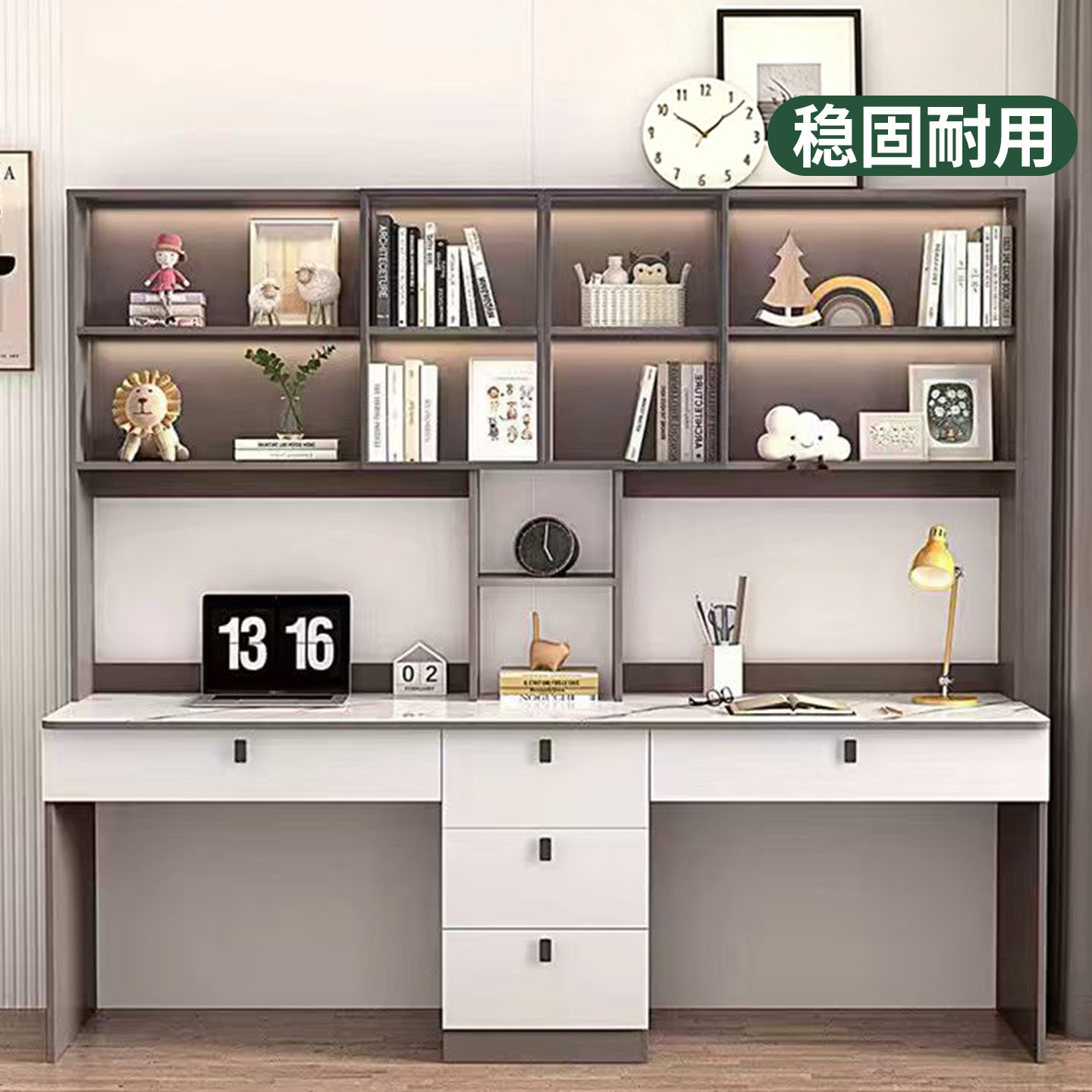 双人桌实木书桌书架一体图片