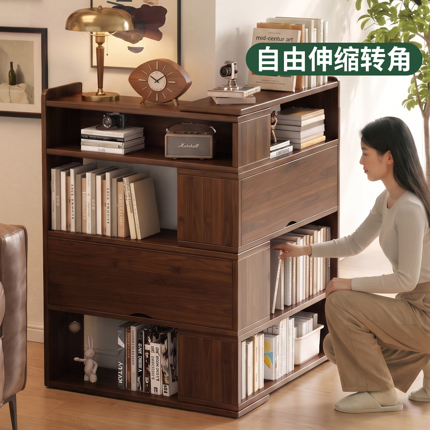 转角矮书柜拐角书架可伸缩实木图片