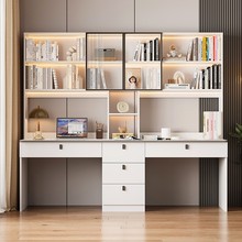 实木双人书桌书架一体桌子电脑桌卧室家用学生学习桌书柜一体靠墙