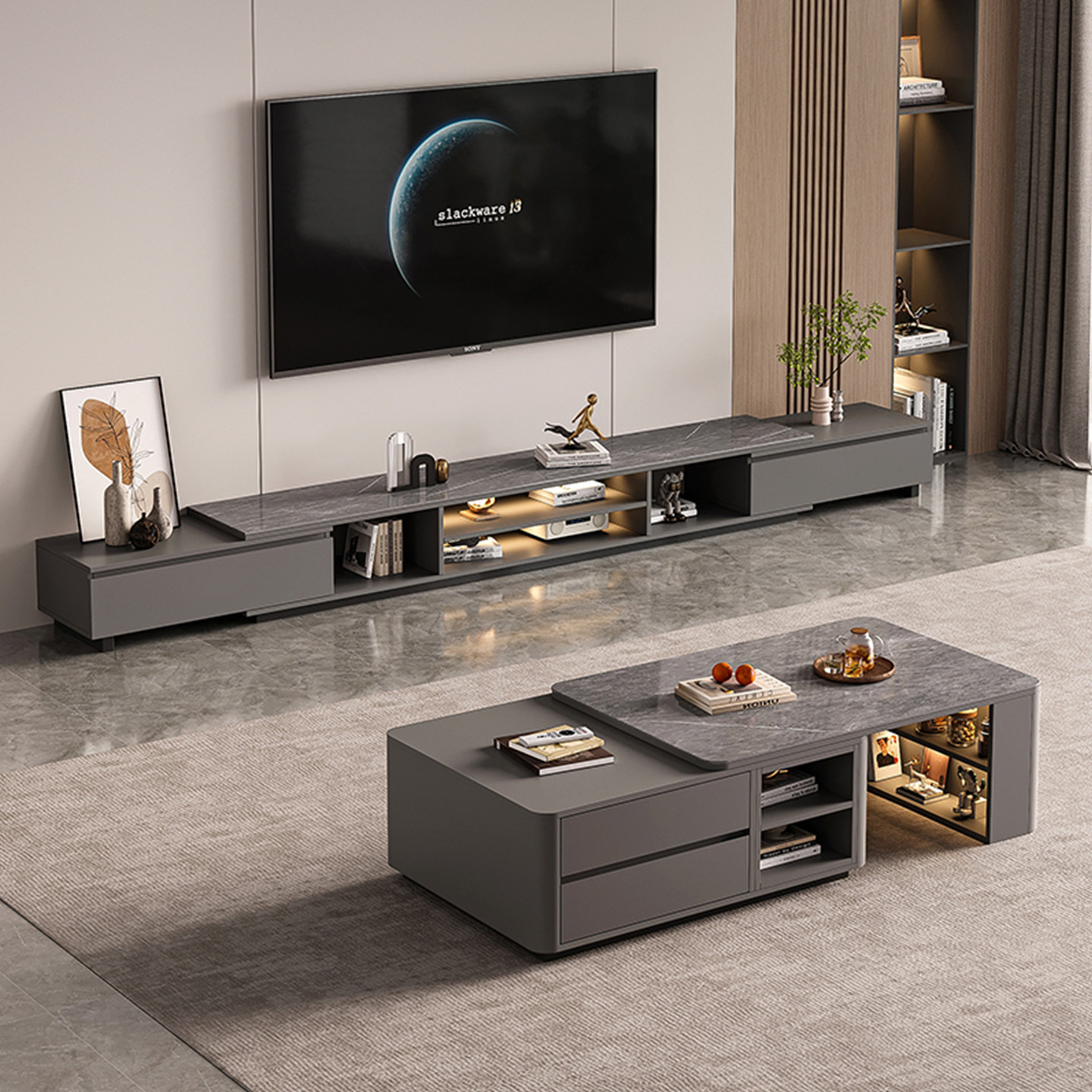 伸缩电视柜客厅家用2026新款小户型实木岩板落地茶几电视机柜组合