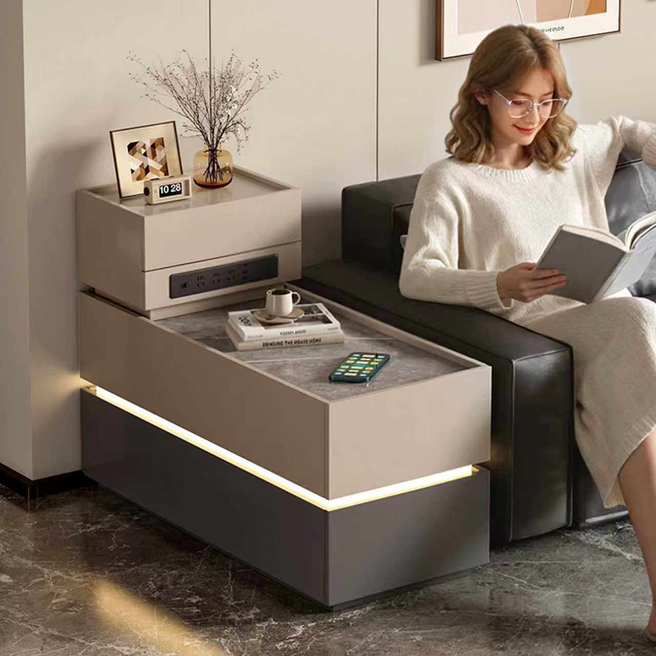 沙发边几客厅2026新款轻奢高级感实木茶几小桌子岩板侧边柜茶水柜