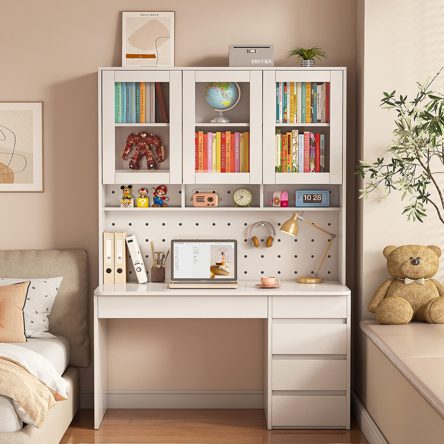 书桌书架一体桌学生电脑桌卧室家用实木带抽屉书房书桌儿童学习桌