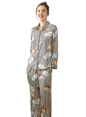 碧美妮女薄丝绸条纹春夏大码长袖长裤两件套冰丝衬衫式睡衣622056