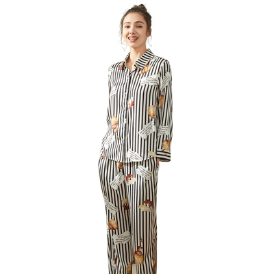 碧美妮女薄丝绸条纹春夏大码长袖长裤两件套冰丝衬衫式睡衣622056