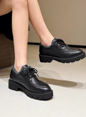 德国CAPRICE凯蝴蝶女鞋秋冬新品系带休闲牛皮厚绒厚底牛津鞋23710