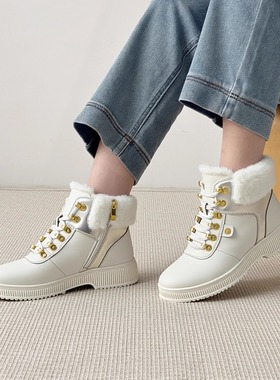 德国CAPRICE凯蝴蝶女鞋2025秋冬新品牛皮系带厚绒拼色雪地靴26206