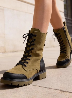 德国CAPRICE凯蝴蝶女鞋秋冬新品时尚拼色系带加绒厚底马丁靴25253