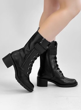 德国CAPRICE凯蝴蝶女鞋秋冬牛皮擦色加绒系带拉链中筒马丁靴25103