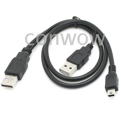 Mini usb移动硬盘线USB转迷你USB T型数据线带USB副线双供电0.6米