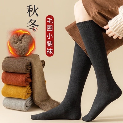 小腿袜子女纯棉中筒袜秋冬季加绒加厚保暖长袜冬天毛圈月子长筒袜