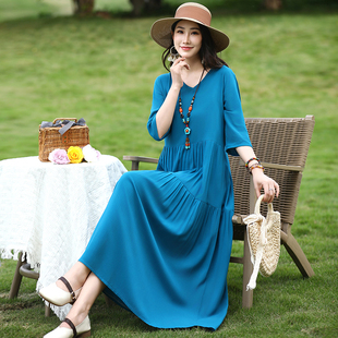 2026新款新中式睡裙女夏季棉绸复古印花中袖家居人造棉加长连衣裙