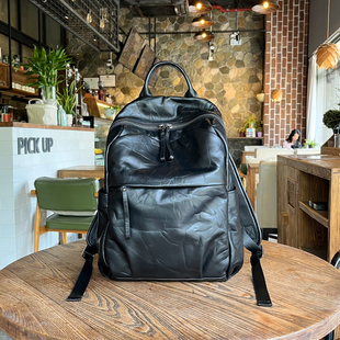 狼道：头层牛皮真皮双肩包男女大容量商务通勤电脑背包潮旅行包