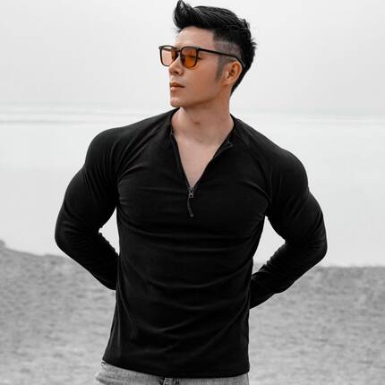 运动健身款黑色长袖半拉链