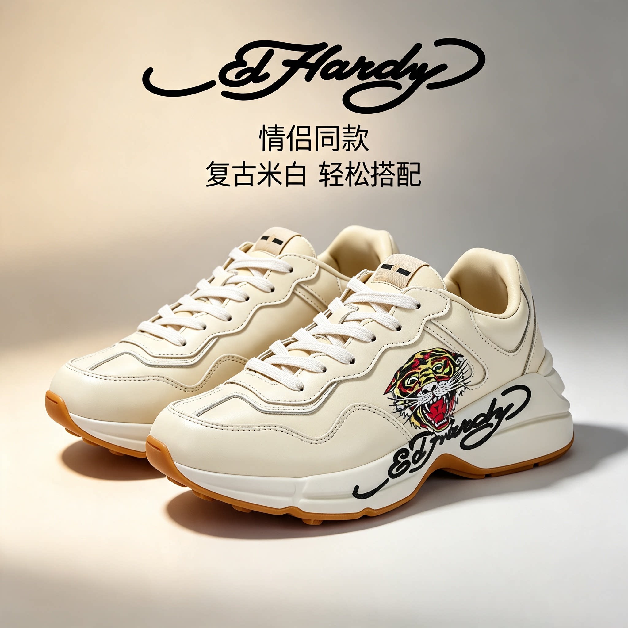 EdHardy头层牛皮厚底增高老爹鞋