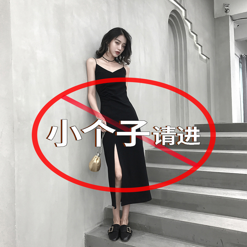 春夏小个子150CM复古温柔风性感吊带小黑裙长裙高腰显瘦开叉裙子 女装/女士精品 连衣裙 原图主图