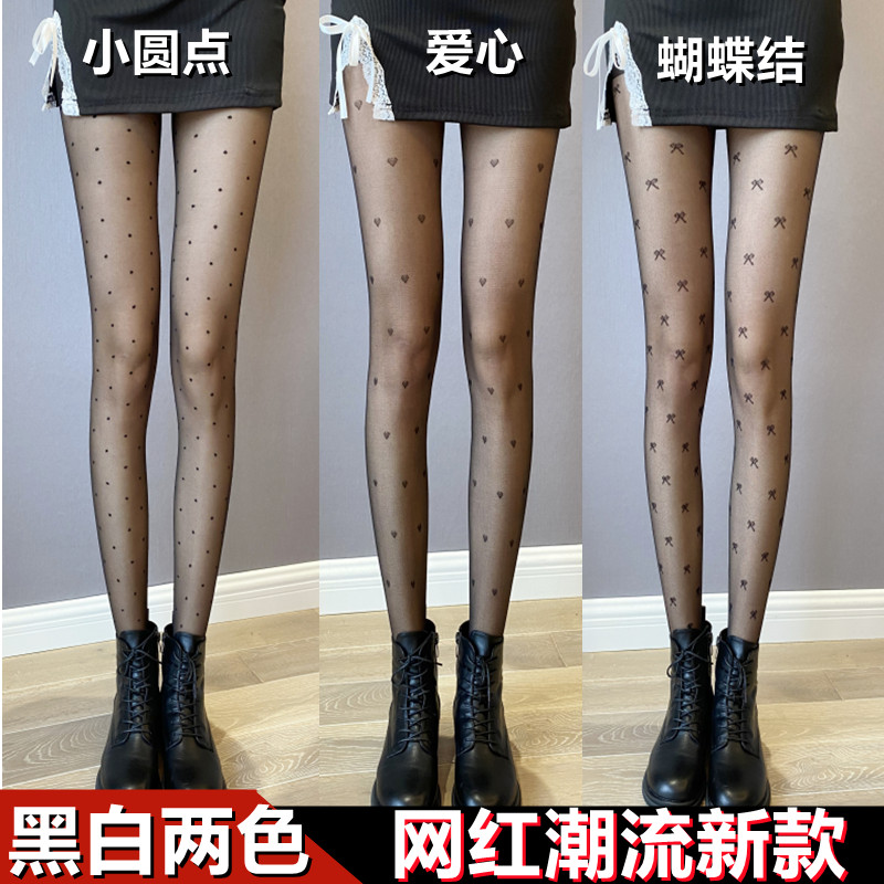 网红拼接丝袜秋冬张惠妹同款小波点JK假小腿黑丝黑色假过膝连裤袜