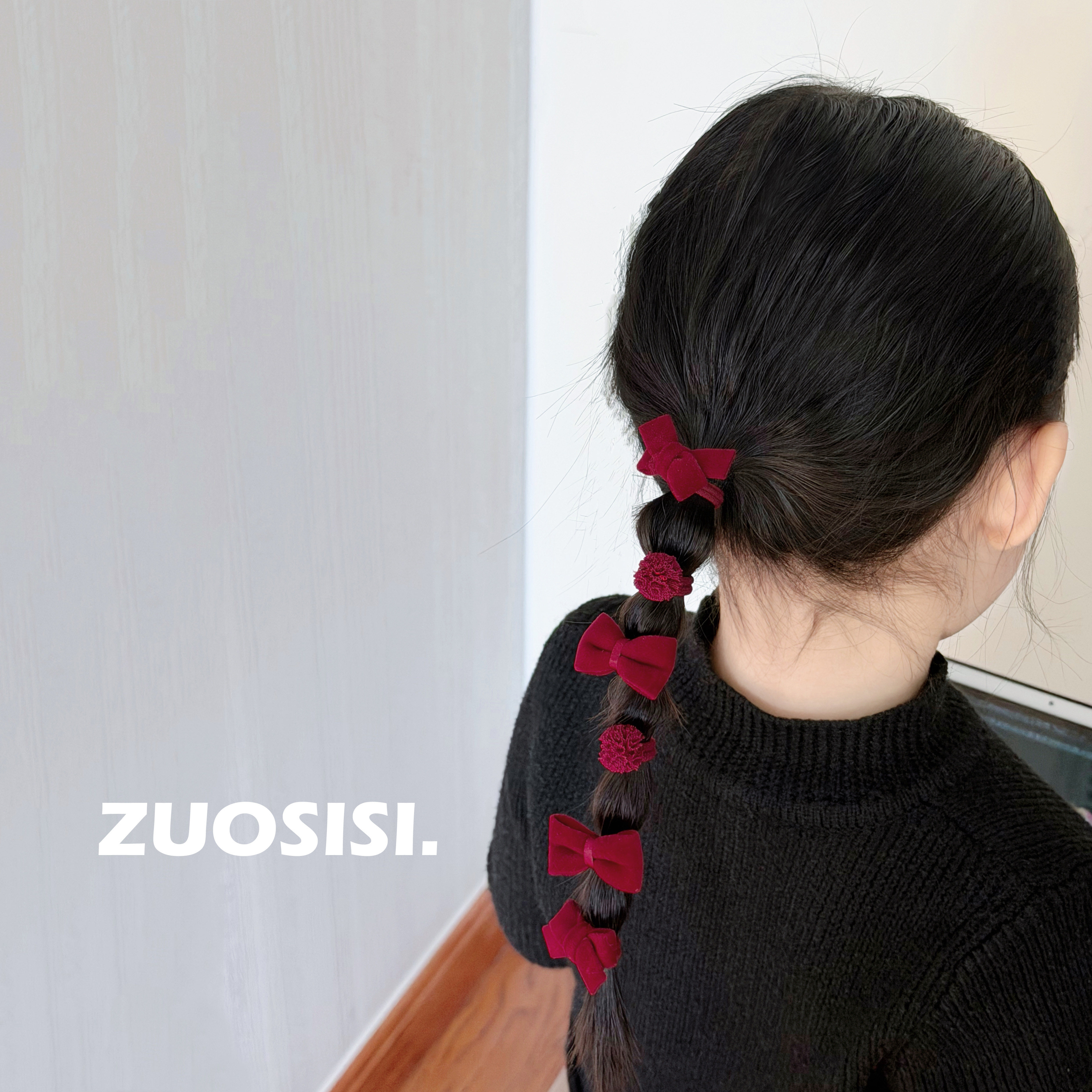 新年红色儿童发圈组合套装 宝宝深红球球拇指圈皮筋头饰