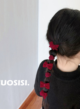 新年红色儿童发圈组合套装 宝宝深红球球拇指圈皮筋头饰