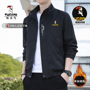 啄木鸟刺绣春秋冬季新款夹克中青年男装上衣立领外套潮牌保暖加绒