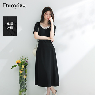 连衣裙绑带收腰长裙 赫本风蕾丝蝴蝶结方领短袖 朵以2025夏季 新款