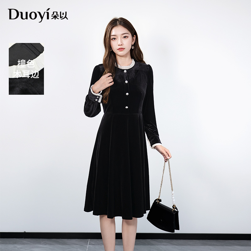 朵以撞色木耳边丝绒连衣裙