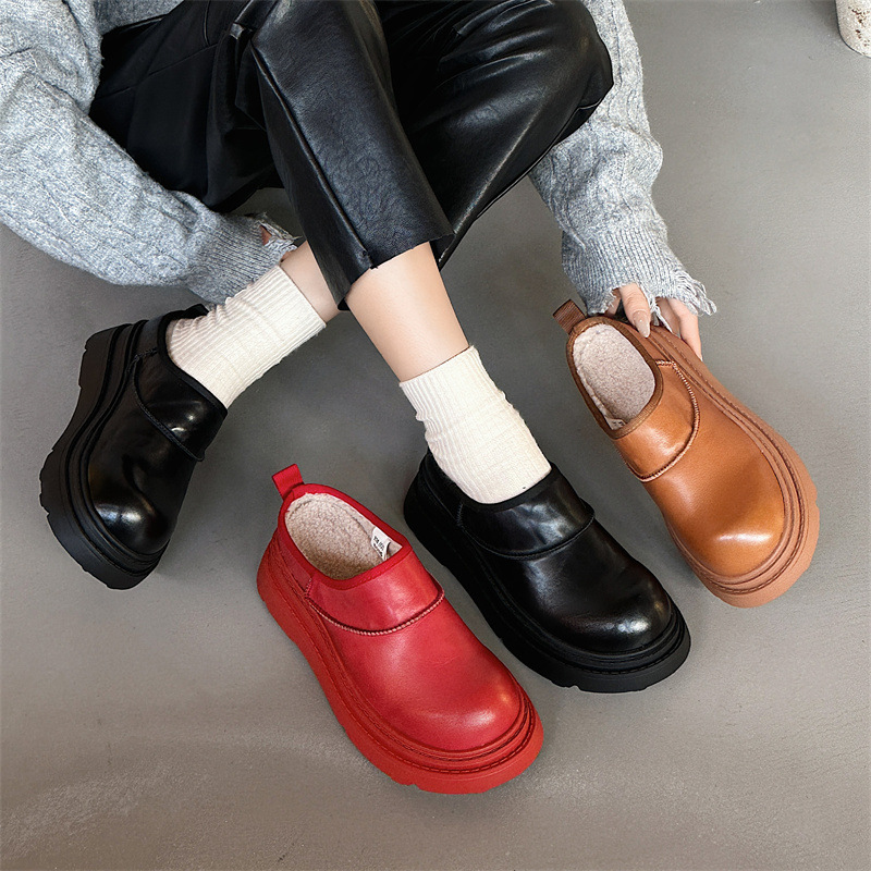 蝶澳厚底头层牛皮增高鞋女秋冬季