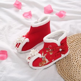 女童汉服鞋春季2025新款古风绣花鞋儿童拜年古装保暖加绒女孩棉鞋