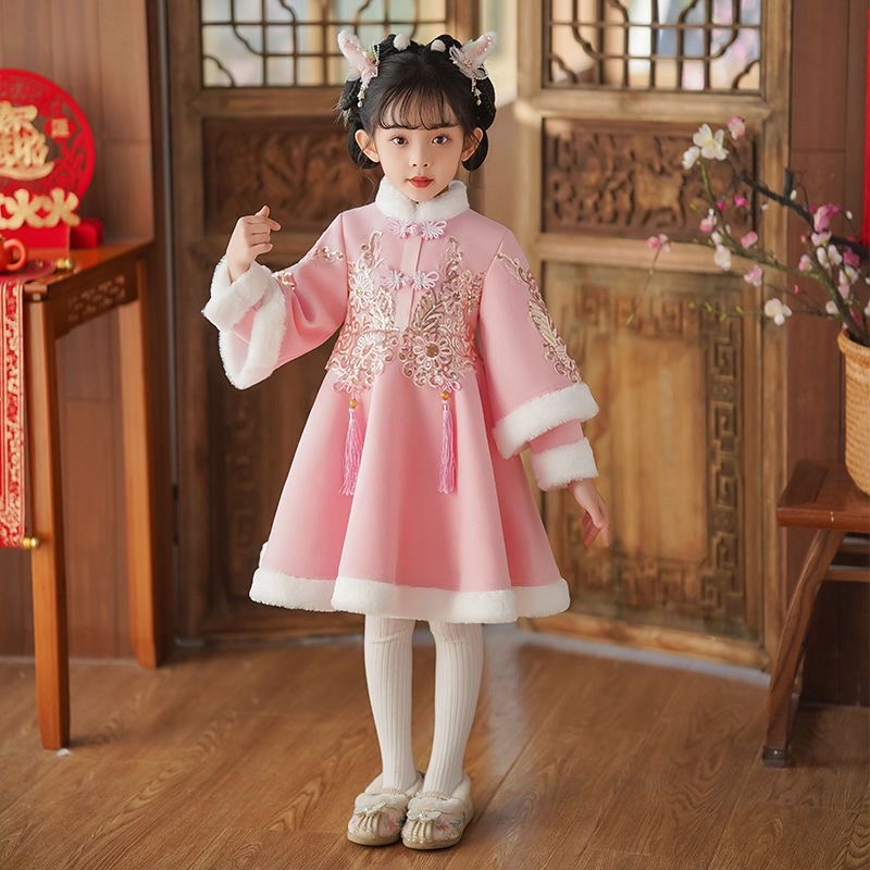 女童唐装冬季新款加绒加厚汉服小女孩中国风洋装宝宝拜年服裙子