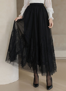 秋冬新款网纱拼接中长款纱裙高腰显瘦大码女装a字大摆半身裙伞裙