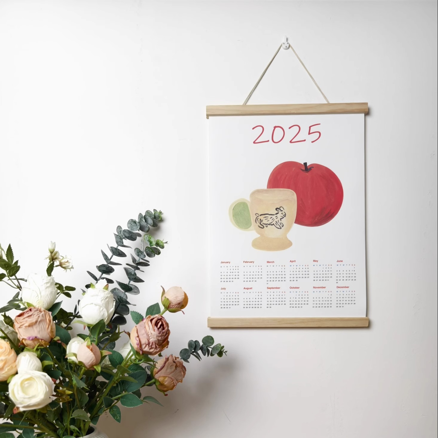 原创2025年年历韩国手绘卡通儿童房床头挂画实木挂轴画装饰画定制图片