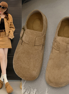 大码勃肯鞋女冬加绒2026新款懒人一脚蹬平底豆豆鞋踩屎感软底单鞋