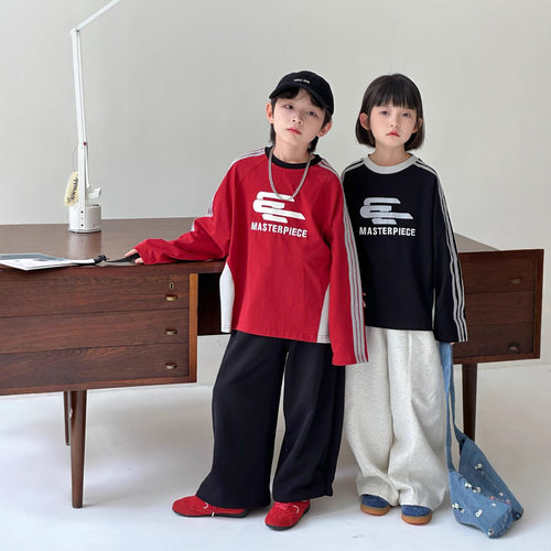2026秋季新款韩版儿童重磅拉条拼色T恤男童百搭字母潮酷上衣洋气