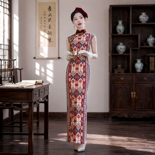 复古国风印花修身旗袍妈妈礼服