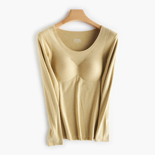 带胸垫长袖t恤女秋冬新款免文胸内搭打底衫女徳绒自发热保暖衣女